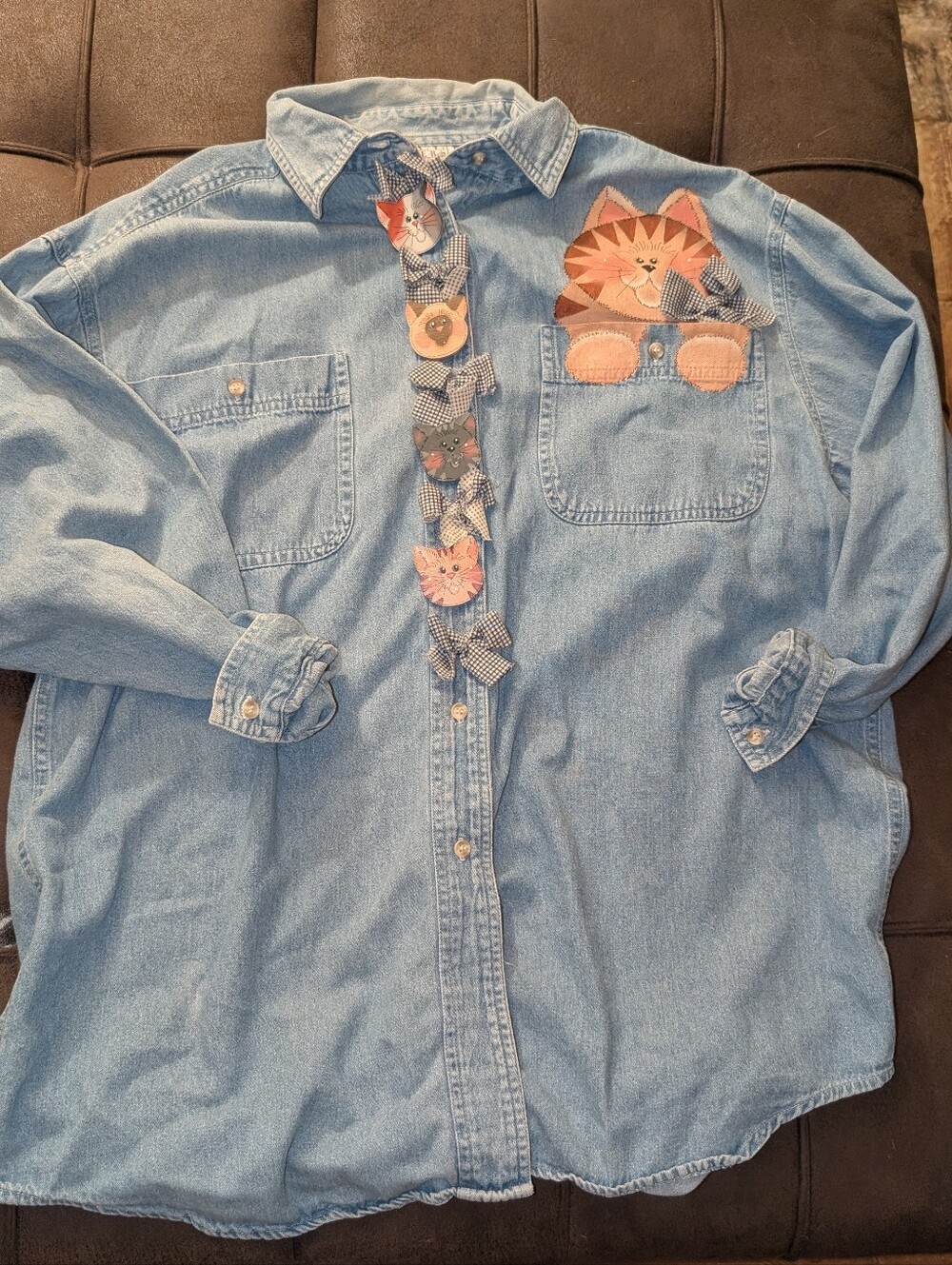 Nell Flowers Denim Button-Up Shirt with Cat Appliqués, Cottagecore